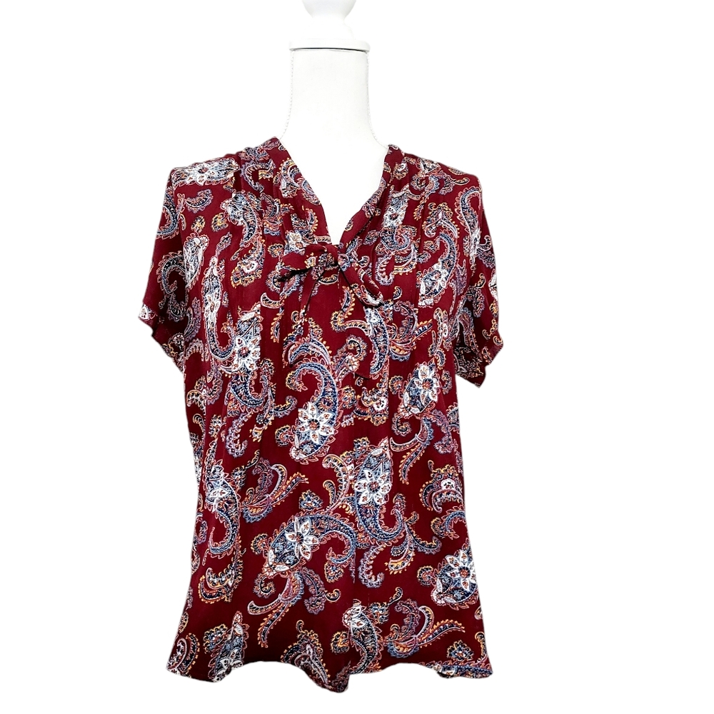Lands End maroon paisley tie neck blouse 12